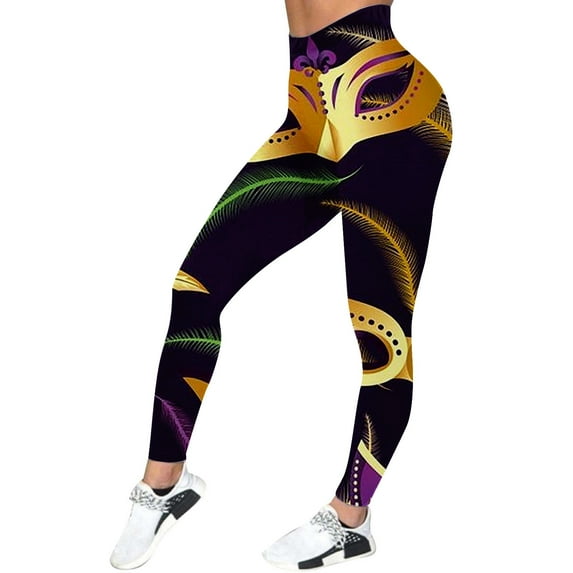 Arlun Carnival Leggings for Women Women's Carnival Colorful Feather Print Casual Sports Yoga Pants Fashion High Waisted Stretch Casual Leggings Gold XXL