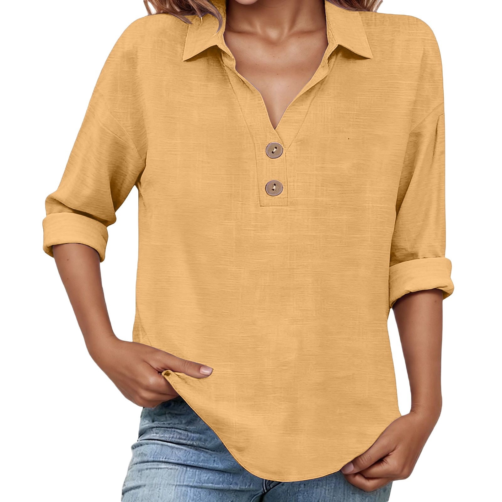 Arlun Casual 3/4 Sleeve Blouses for Women Plus Size Lapel Collar Solid ...