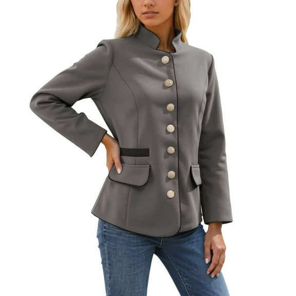 Arlun Casual Button down Jackets for Women Stand Collar Lightweight Slim Fitted Coats for Fall Winter 2025 Trendy Long Sleeve Basic Solid Color Outerwear with Pockets Grey M