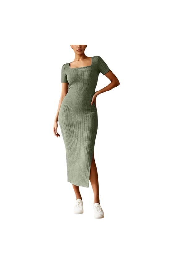 Casual Dresses for Women 2026 Summer Ribbed Short Sleeve Bodycon Maxi Dress Trendy Side Slit Stretch Tight Knit Square Neck Solid Color Long Sundress for Daily Wear Green XXL