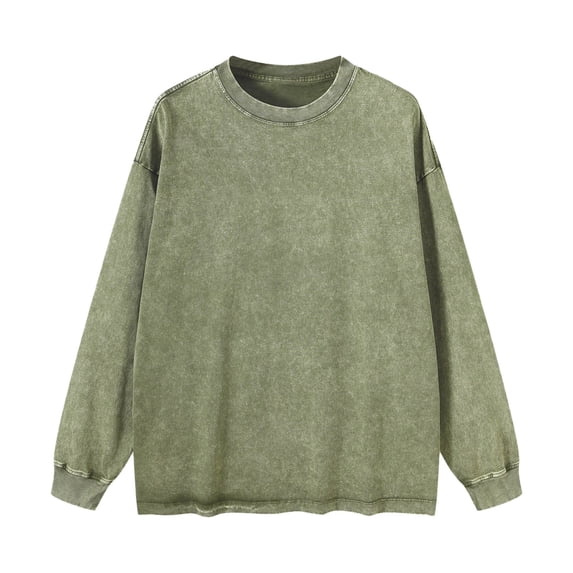 Arlun,Casual Loose Fit T Shirts for Women Trendy Wash Round Neck Long Sleeve Tee Shirts Womens Baggy Comfortable Heavyweight Street Style Tops Army Green L