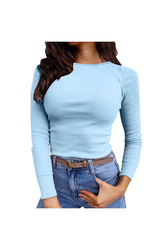 ,Casual Stretchy Tight Shirts for Women Fall New Crew Neck Plain Long Sleeve Tops Women's Ribbing Slim Fit Lightweight Comfy Basic Going out Tee Shirts Light Blue S