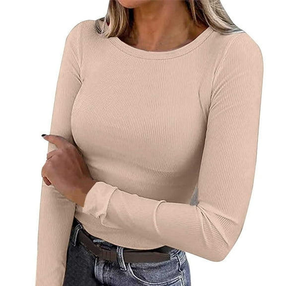 Arlun,Casual Stretchy Tight Shirts for Women Fall New Crew Neck Plain Long Sleeve Tops Women's Ribbing Slim Fit Lightweight Comfy Basic Going out Tee Shirts Beige XXL