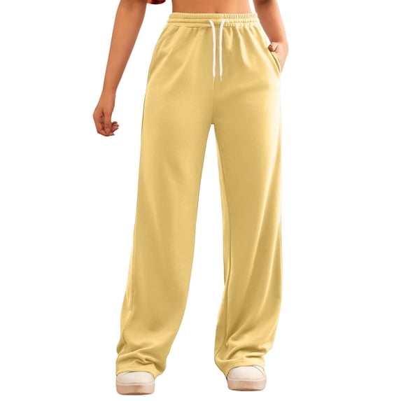 Arlun Casual Sweatpants for Women High Waist Drawstring Straight Leg Baggy Joggers Workout Comfy Breathable Loose Basic Solid Color Wide Leg Trousers with Pockets Yellow XL