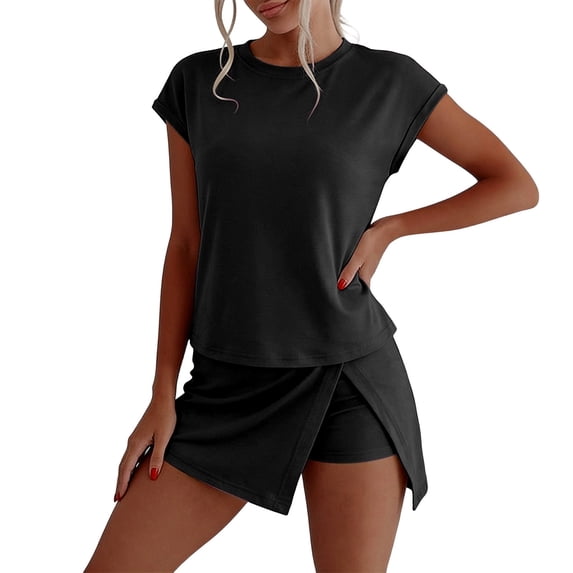 Arlun Casual Workout Sets for Women Summer 2 Piece Outfit Sets Round Neck Short Sleeve Matching Lined Split Athletic Skorts Loose Soft Comfort for Sports Leisure and Daily Wear Black S