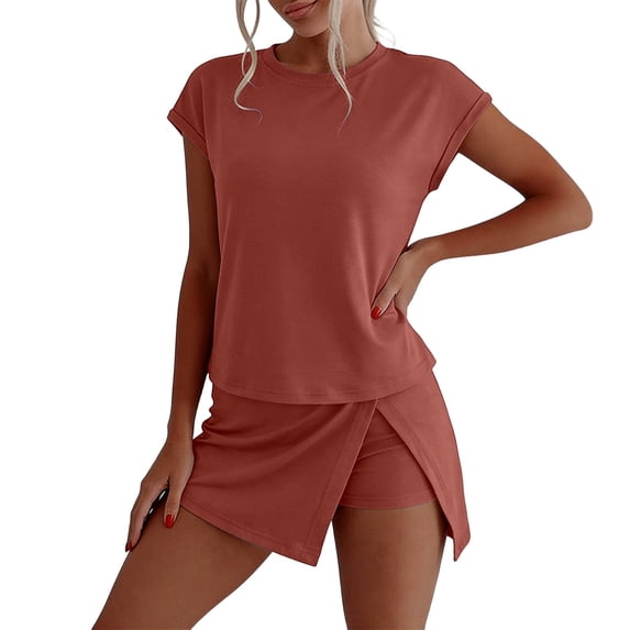 Arlun Casual Workout Sets for Women Summer 2 Piece Outfit Sets Round Neck Short Sleeve Matching Lined Split Athletic Skorts Loose Soft Comfort for Sports Leisure and Daily Wear Brick Red XXL
