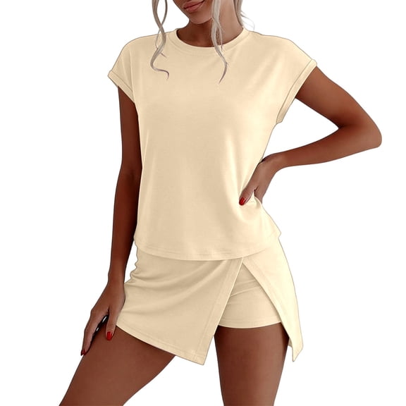 Arlun Casual Workout Sets for Women Summer 2 Piece Outfit Sets Round Neck Short Sleeve Matching Lined Split Athletic Skorts Loose Soft Comfort for Sports Leisure and Daily Wear Beige S