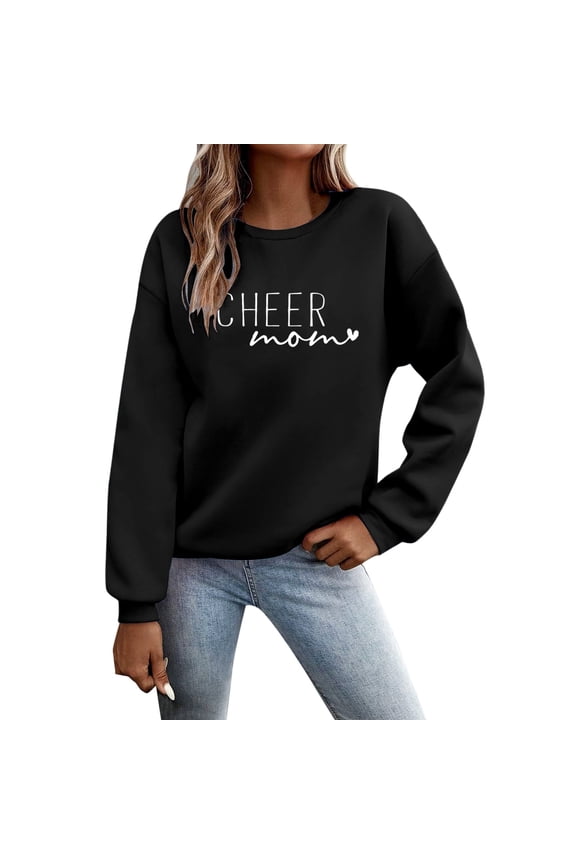 Cheer Mom Sweatshirts for Women Game Day Cheer Team Crewneck Pullover Sweatshirt Cheer- Leading Mom Long Sleeve Loose Cozy Hoodless Pullover Tops Black M