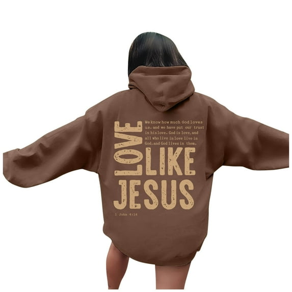 Arlun Christian Hoodies for Women Bible Verse Jesus Loves You Graphic Letter Printed Oversized Y2k Long Sleeve Hooded Drawstring Sweatshirts with Pockets Brown3 L