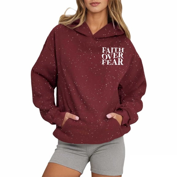 Arlun Christian Jesus Hoodies for Women Preppy Letter Graphic Printed Comfy Casual Pullover Sweatshirts Fashion Starry Sky Long Sleeve Loose Cozy Hooded Tops 2025 Red M