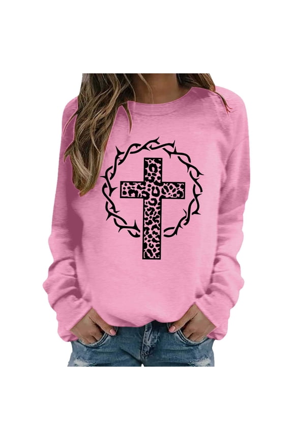 Christian Sweatshirt for Women Jesus Faith Trendy Leopard Cross Graphic Printed Pullover Tops Long Sleeve Crewneck Loose Cozy Religious Cute Y2K Sweatshirt Pink M