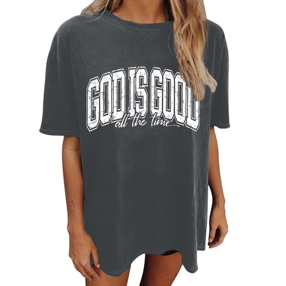 Arlun Christian T Shirts for Women God Is Good All the Time Letter Print Shirt Oversized Jesus Religious Faith Inspirational Short Sleeve Tees Bible Verse Crewneck Loose Casual Tops Grey XXXL