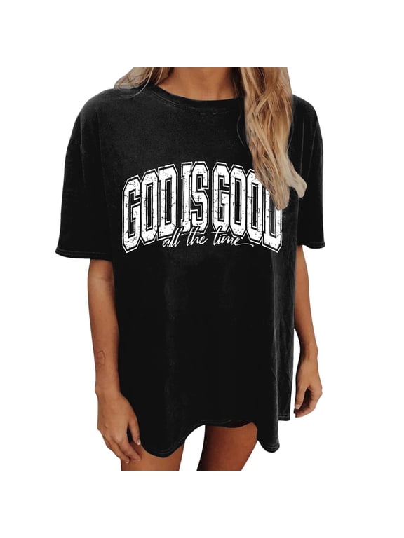 Christian T Shirts for Women God Is Good All the Time Letter Print Shirt Oversized Jesus Religious Faith Inspirational Short Sleeve Tees Bible Verse Crewneck Loose Casual Tops Black XXL