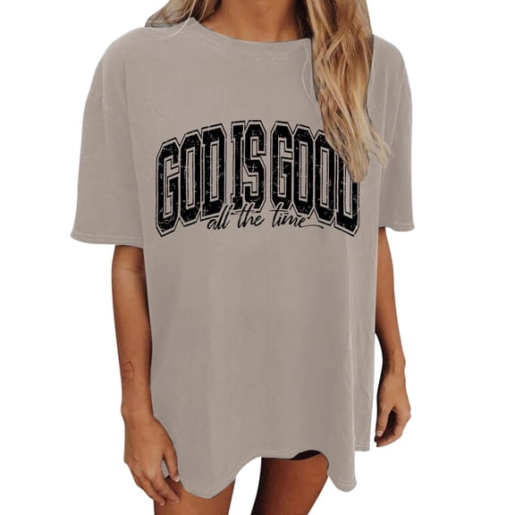Arlun Christian T Shirts for Women God Is Good All the Time Letter Print Shirt Oversized Jesus Religious Faith Inspirational Short Sleeve Tees Bible Verse Crewneck Loose Casual Tops Light Gray L
