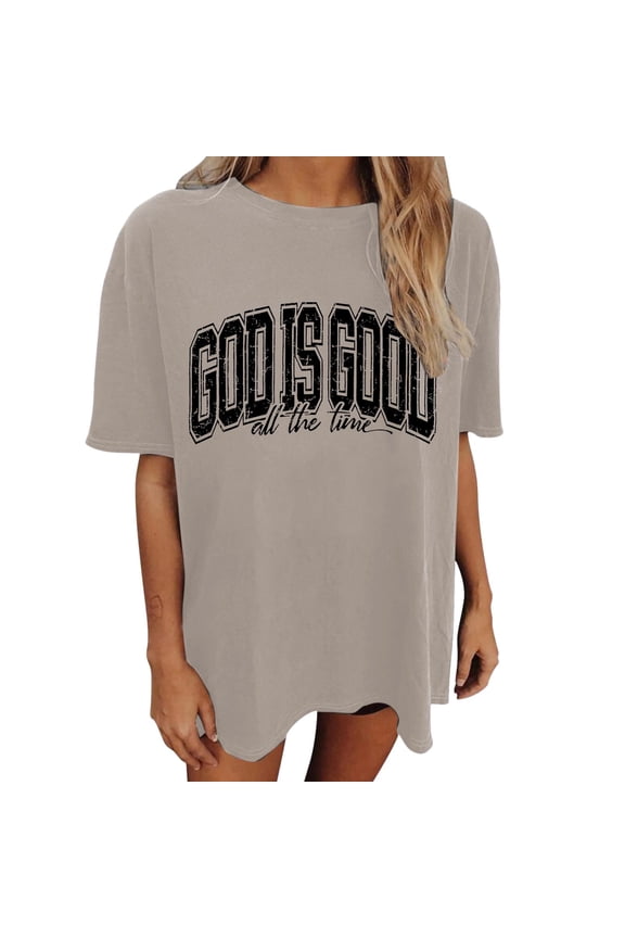 Christian T Shirts for Women God Is Good All the Time Letter Print Shirt Oversized Jesus Religious Faith Inspirational Short Sleeve Tees Bible Verse Crewneck Loose Casual Tops Light Gray XL