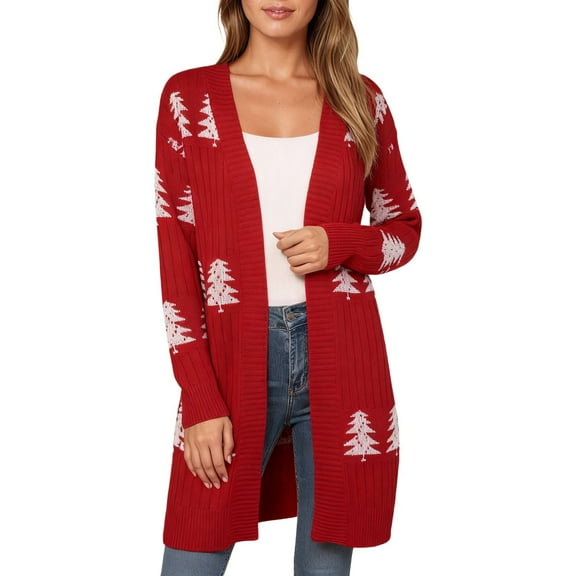 Arlun Christmas Cardigan Sweaters for Women Cute Christmas Tree Pattern Long Sleeve Open Front Long Knit Cardigans Soft Comfort Fall Winter Trendy Loose Fit X-Mas Outwear Red XL