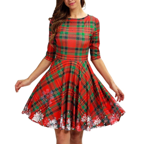 Arlun Christmas Dresses for Women Trendy Crewneck Half Sleeve Pleated Prom A-Line Midi Dress 2025 Fall Winter Vintage Plaid Printed X-Ams Holiday Party Dressy M