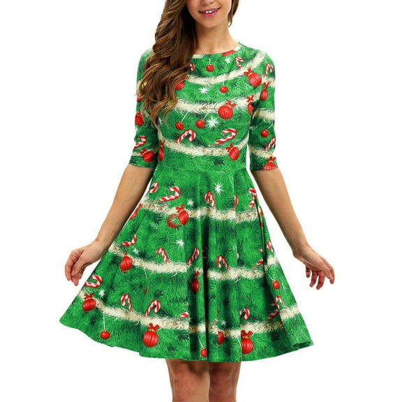 Arlun Christmas Dresses for Women Trendy Crewneck Half Sleeve Pleated Prom A-Line Midi Dress 2025 Fall Winter Vintage Plaid Printed X-Ams Holiday Party Dressy Green M