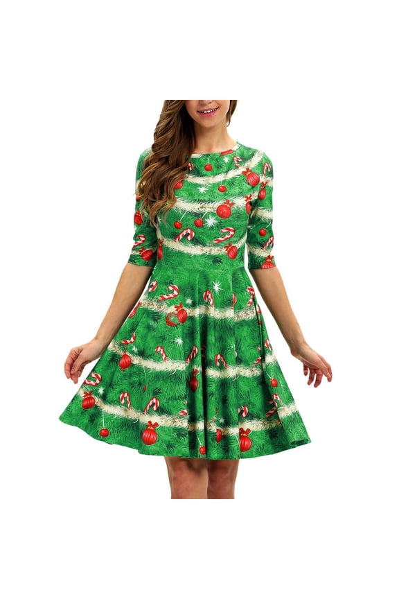 Christmas Dresses for Women Trendy Crewneck Half Sleeve Pleated Prom A-Line Midi Dress 2025 Fall Winter Vintage Plaid Printed X-Ams Holiday Party Dressy Green L