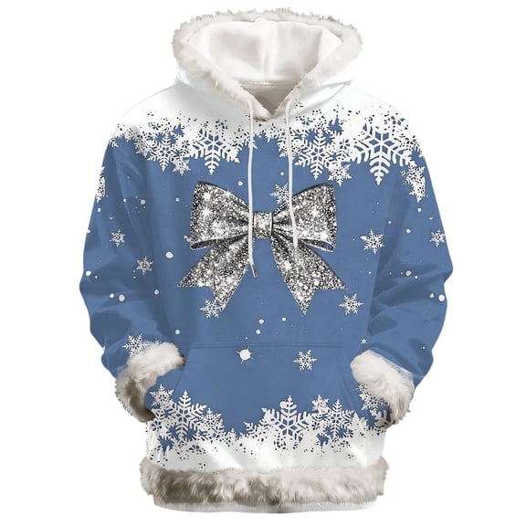 Arlun Christmas Hoodies for Men Women White Fuzzy Trim Shining Elk Bow Graphic Xmas Sweatshirts Unisex Oversized Long Sleeve Holiday Pullover Tops with Pockets 2-Blue XXS
