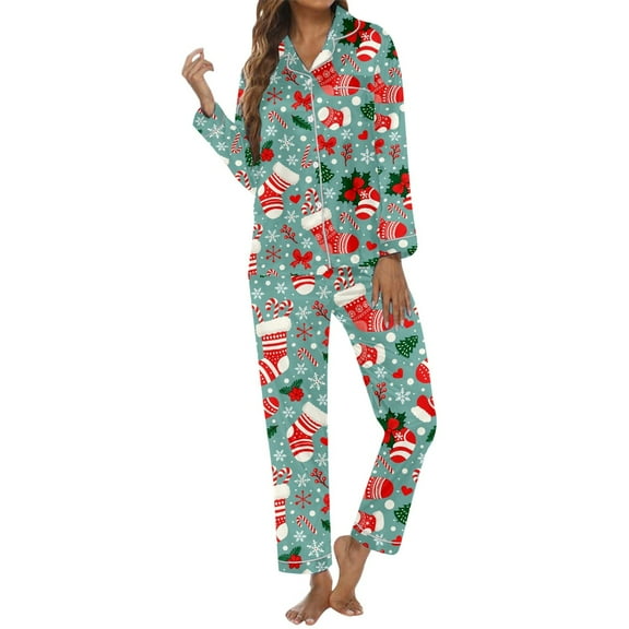 Arlun Christmas Pajamas Sets Womens Long Sleeve Button down Cardigan Pants Pjs Sets Cute X-Mas Graphic Printed Thin Soft Comfortable Breathable 2 Piece Outfits Mint Green L