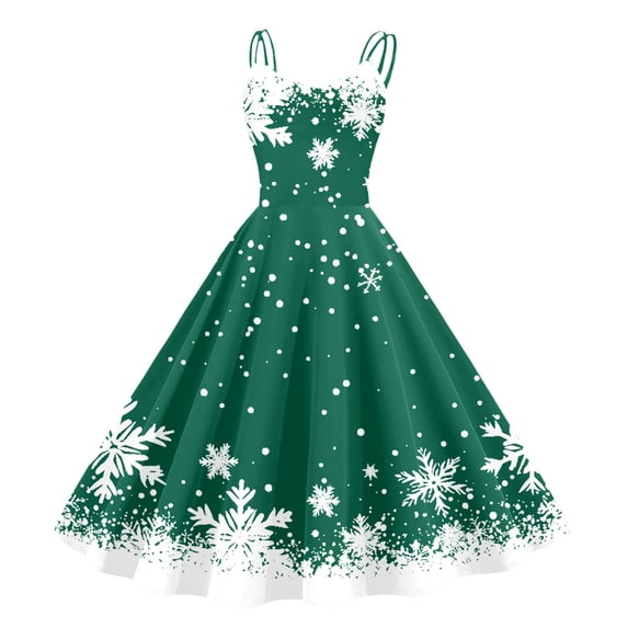 Arlun Christmas Strappy Dresses for Women 1950s Retro Vintage Outfits Xmas Sleeveless Spaghetti Strap Snow Printed A-Line Flare Midi Dress 2025 Fashion Slim Clothes Green L