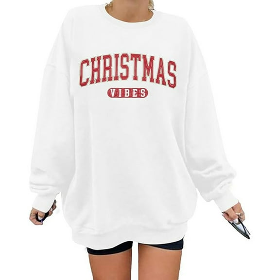 Arlun Christmas Vibes Sweatshirts for Women Trendy Letter Printed Long Sleeve Xmas Sweatshirts Women's Fall Winter Loose Fit Drop Shoulder Holiday Pullovers Tops White XL