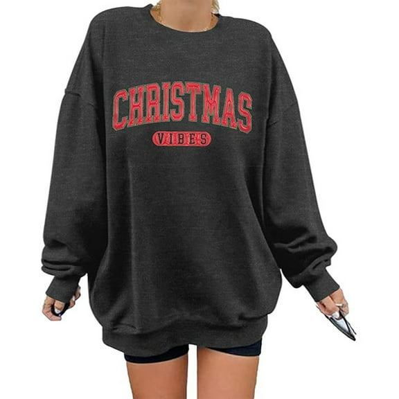 Arlun Christmas Vibes Sweatshirts for Women Trendy Letter Printed Long Sleeve Xmas Sweatshirts Women's Fall Winter Loose Fit Drop Shoulder Holiday Pullovers Tops Black S