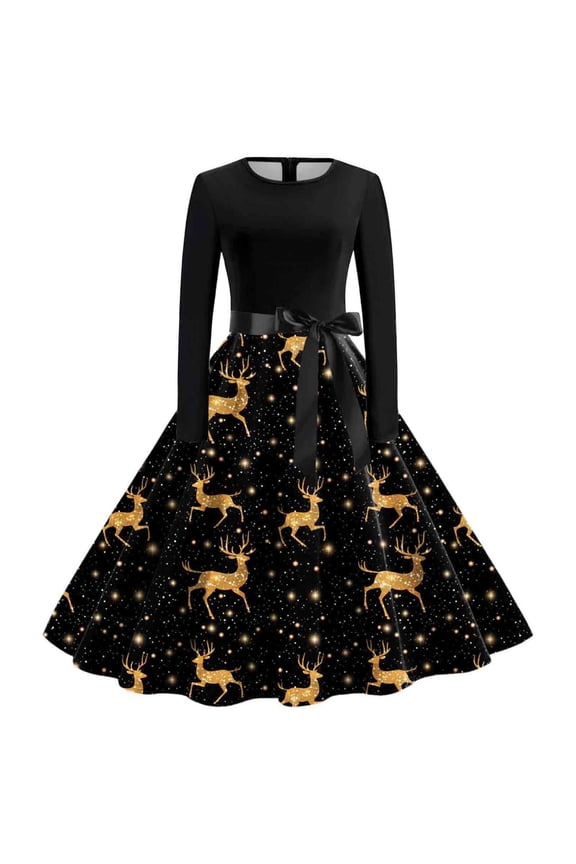 Christmas Women's 1950s Retro Vintage Swing Dresses Cute Xmas Tree Santa Snow Printed Plus Size Dress 2025 Fashion Long Sleeve Zipper A-Line Midi Dressy 4-Black2 XXL