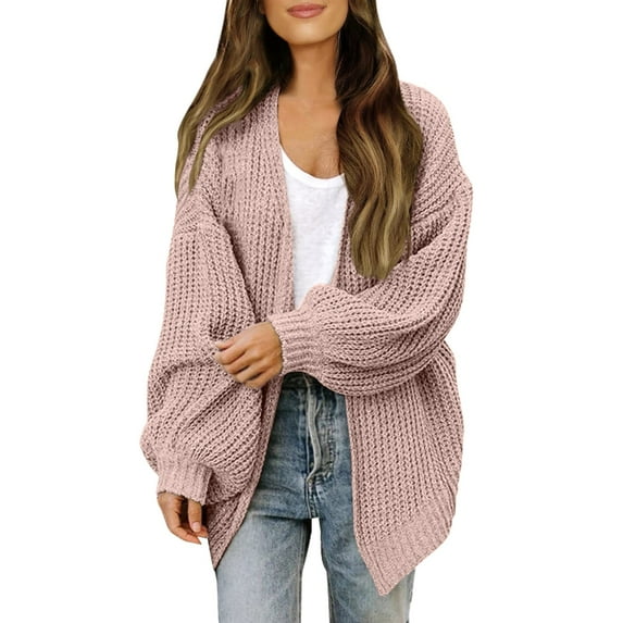 Arlun Cardigan Sweaters for Women 2025 Fashion Casual Open Front Lantern Sleeves Knit Cardigans Solid Color Loose Lightweight Soft Comfort Knitted Outerwear Coat Pink M