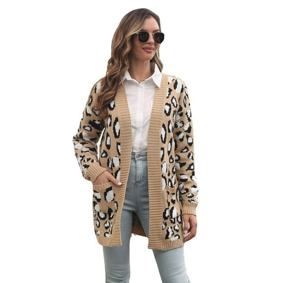 Arlun Cardigan Sweaters for Women Open Front Leopard Print Long Sleeve Cardigans Coat Soft Comfort Warm Loose Fashion Sweater Outwear for Autumn Winter Spring Beige M