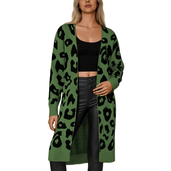 Arlun Cardigan Sweaters for Women Open Front Long Sleeve Casual Light Leopard Print Knit Long Cardigan Coat Fall Winter Fashion Warm Comfy Outerwear with Pockets Green L