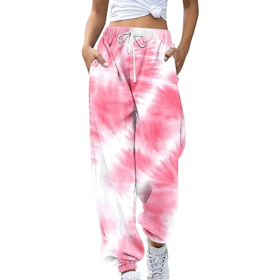Arlun Cinch Bottom Sweatpants Womens Baggy Elastic High Waist Drawstring Joggers Trendy Floral/Gradient/Color-Blocked/Checkered Printed Casual Workout Trousers with Pockets Pink XXL