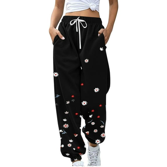 Arlun Cinch Bottom Sweatpants Womens Baggy Elastic High Waist Drawstring Joggers Trendy Floral/Gradient/Color-Blocked/Checkered Printed Casual Workout Trousers with Pockets Black S