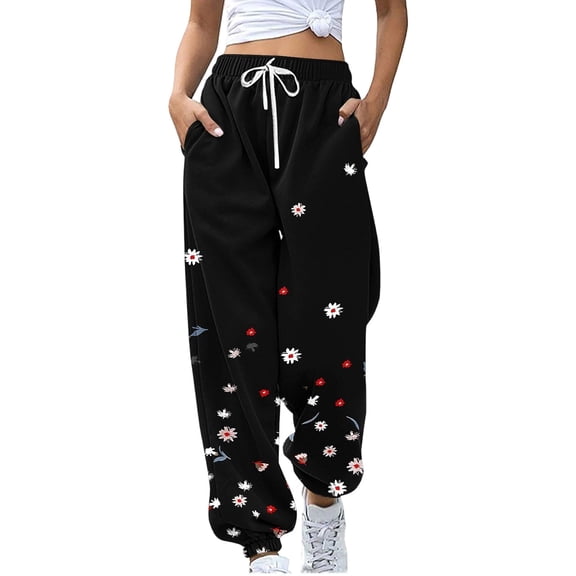 Arlun Cinch Bottom Sweatpants Womens Baggy Elastic High Waist Drawstring Joggers Trendy Floral/Gradient/Color-Blocked/Checkered Printed Casual Workout Trousers with Pockets Black XXXL