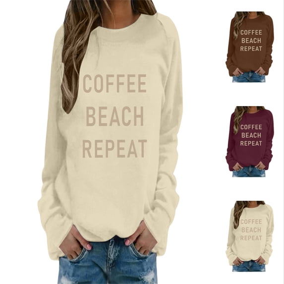 Arlun Coffee Beach Repeat Graphic Sweatshirt for Women Fashion Letter Print Crewneck Long Sleeve Sweat Shirts Casual Loose Comfortable Fall Winter Pullover Tops 1-Coffee XL