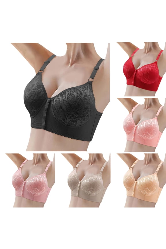 Comfortable Front Closure Bras For Older Womens Lace Jacquard Lifting Full Coverage Supportive Bralettes Soft Lightweight Breathable Wide Straps Front Button Bras Red 46