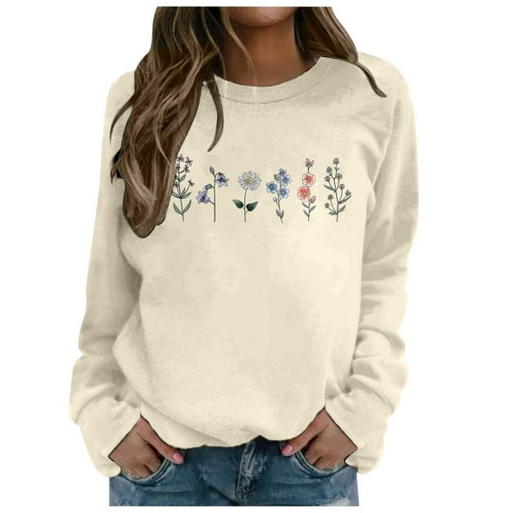 Arlun Crewneck Sweatshirts Womens Trendy Floral Printed Soft Comfortable Long Sleeve Hoodless Tops 2025 Fall Winter Baggy Drop Shoulder Pullovers Beige XL