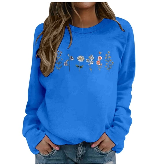 Arlun Crewneck Sweatshirts Womens Trendy Floral Printed Soft Comfortable Long Sleeve Hoodless Tops 2025 Fall Winter Baggy Drop Shoulder Pullovers Blue XL