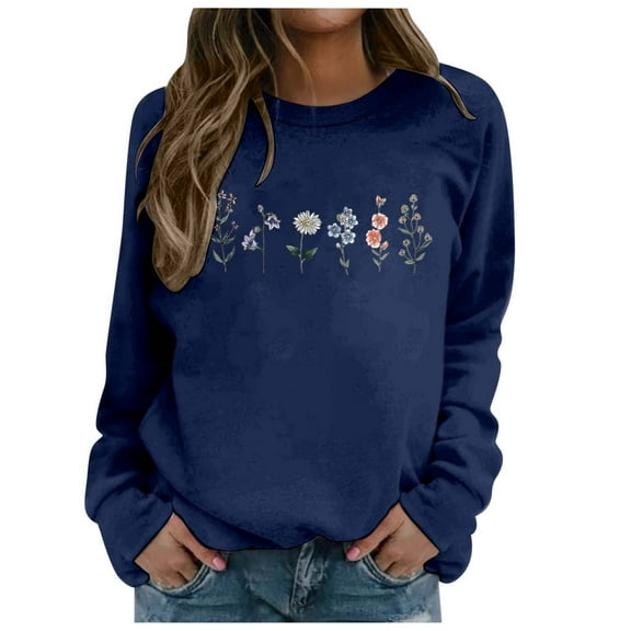 Arlun Crewneck Sweatshirts Womens Trendy Floral Printed Soft Comfortable Long Sleeve Hoodless Tops 2025 Fall Winter Baggy Drop Shoulder Pullovers Dark Blue XL