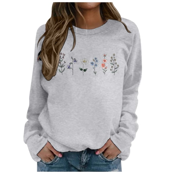 Arlun Crewneck Sweatshirts Womens Trendy Floral Printed Soft Comfortable Long Sleeve Hoodless Tops 2025 Fall Winter Baggy Drop Shoulder Pullovers Light Gray XL