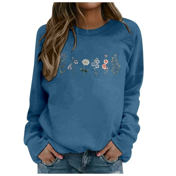 Arlun Crewneck Sweatshirts Womens Trendy Floral Printed Soft Comfortable Long Sleeve Hoodless Tops 2025 Fall Winter Baggy Drop Shoulder Pullovers Navy XL