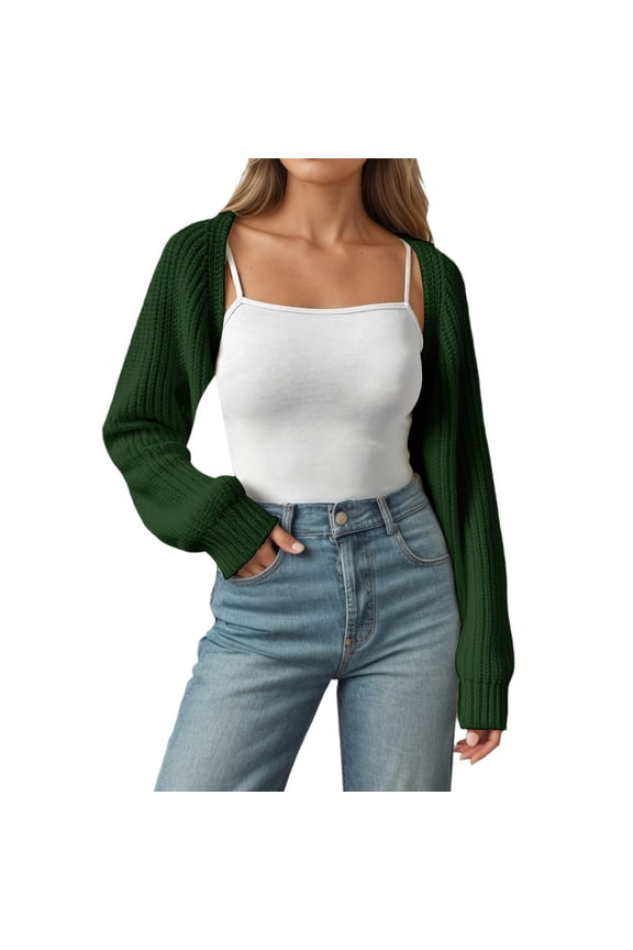 Cropped Cardigan Sweaters for Women Lightweight Knit Open Front Bolero Shrugs Fall Winter Outfits Long Sleeve Solid Color Y2k Outwear Green L