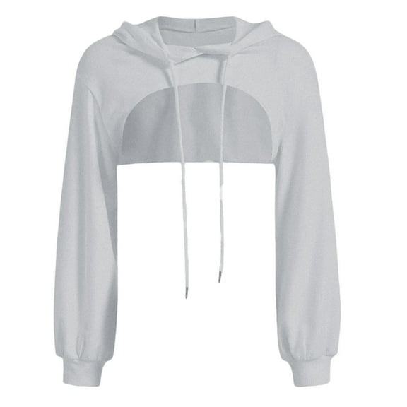 Arlun Cropped Hoodies for Women 2025 Fall Fashion Long Sleeve Drawstring Hooded Sweatshirts Aesthetic Punk Hip Hop Dance Rave Clothes Solid Asymmetrical Crop Top Grey XL