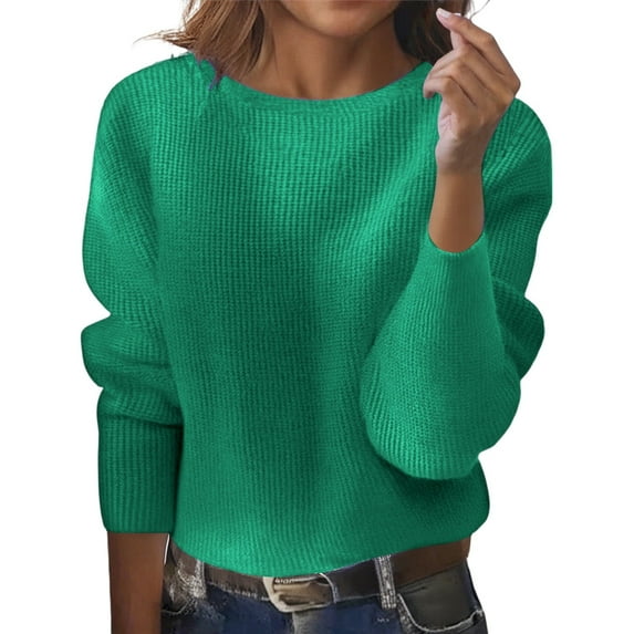 Arlun Cropped Loose Knit Sweaters for Women Long Sleeve Round Neck Soft Comfortable Pullover Sweater Solid Color Casual Tops for Fall Winter Fashion 2025 Green M
