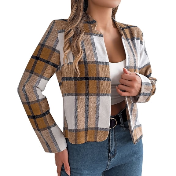 Arlun Cropped Plaid Shackets Jackets for Women 2025 Trendy Checkered Cardigan Notch Neck Jacket Tops Dressy Business Casual Long Sleeve Slim Fit Light Work Outerwear Khaki M