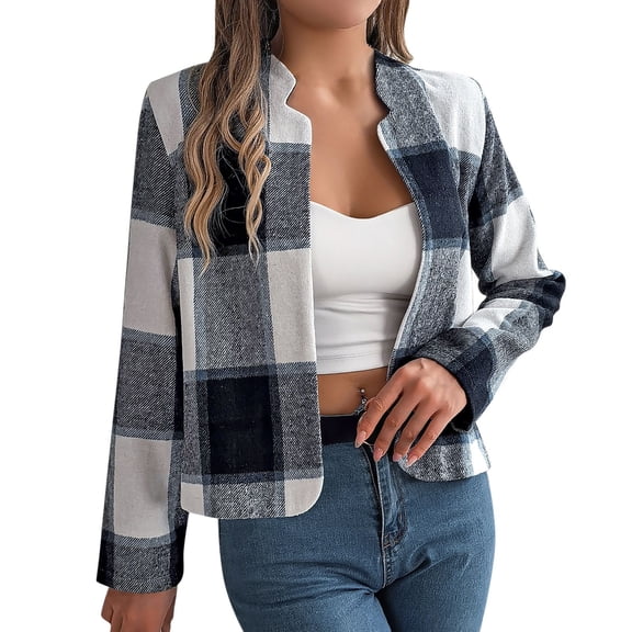 Arlun Cropped Plaid Shackets Jackets for Women 2025 Trendy Checkered Cardigan Notch Neck Jacket Tops Dressy Business Casual Long Sleeve Slim Fit Light Work Outerwear Navy L