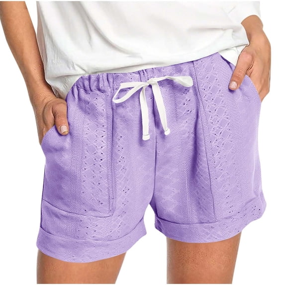 Arlun Cute Beach Shorts for Women Elegant Bohemian Style Casual Summer Elastic Waist Drawstring Eyelet Shorts with Pockets Summer Holiday and Daily Wear Purple XXL