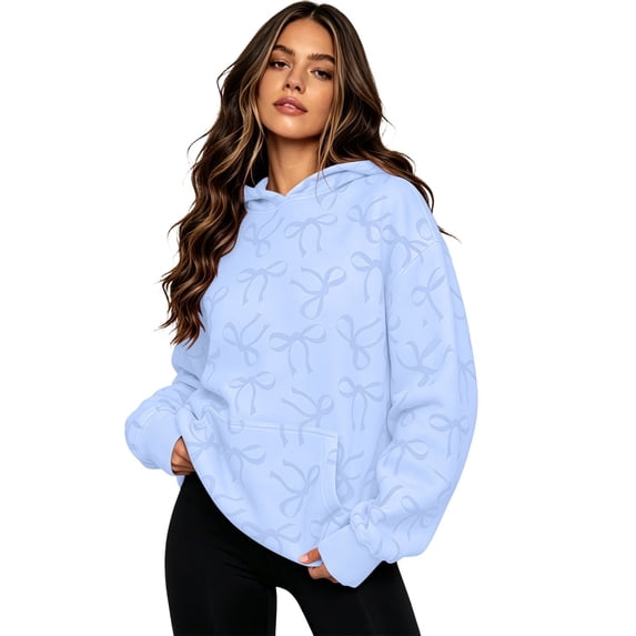 Arlun Cute Bow Graphic Printed Hoodies for Women Y2k Preppy Drop Shoulder Hooded Sweatshirts Fall Winter Long Sleeve Pullover Tops Casual Athletic Hoodie with Pocket Blue L