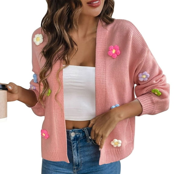 Arlun Cute Cropped Cardigan Sweaters for Women Boho Crochet Floral Embroidery Loose Open Front Knit Sweater Outwear Long Sleeve Soft Comfortable Warm Knitted Cardigans Outwear Pink M